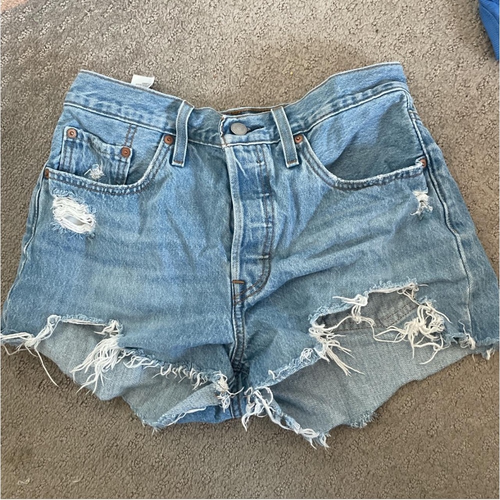 Levi’s 501 blue high rise denim ripped jean shorts